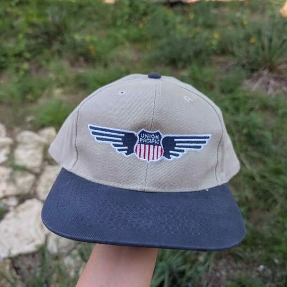 Vintage Union Pacific trains hat beige blue wings railroad freight train